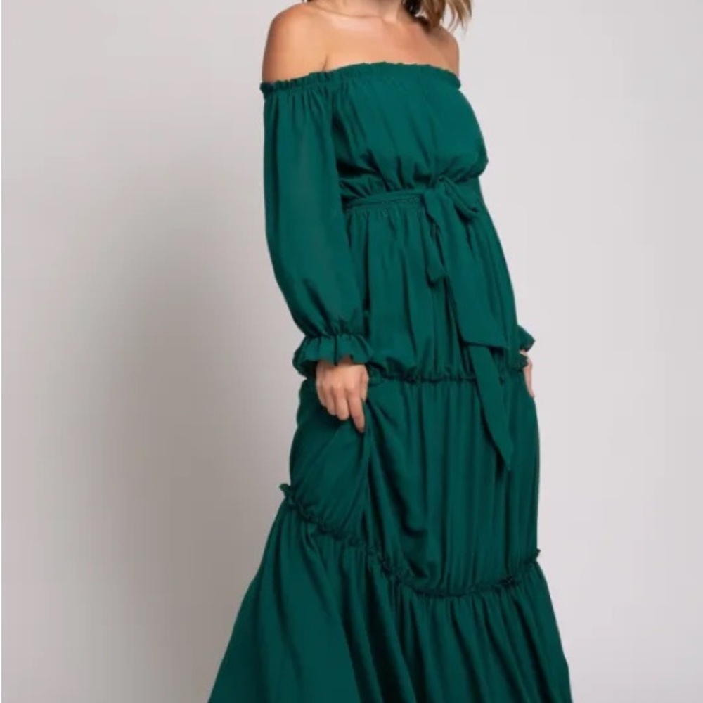 Baltic Born Hunter Green Maxi Off-the-Shoulder Dress, NWT, Women's Size M